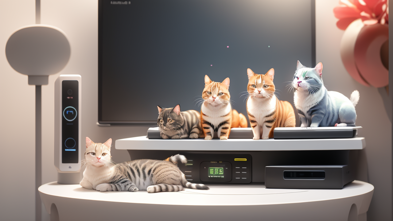 Pet Hub: whimsical scene of cats on desk in front of TV in tech-savvy Pet Centers