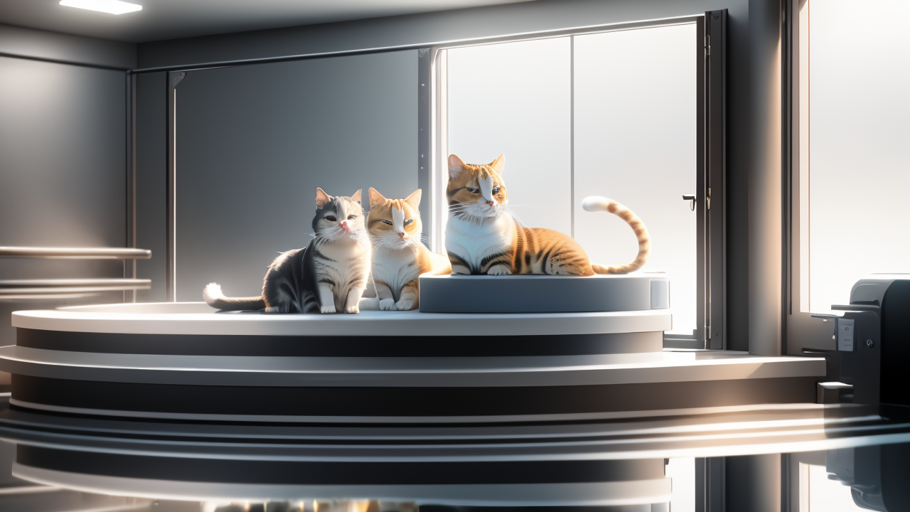 Pet Shop Central serene scene with three cats on a modern platform for pet care