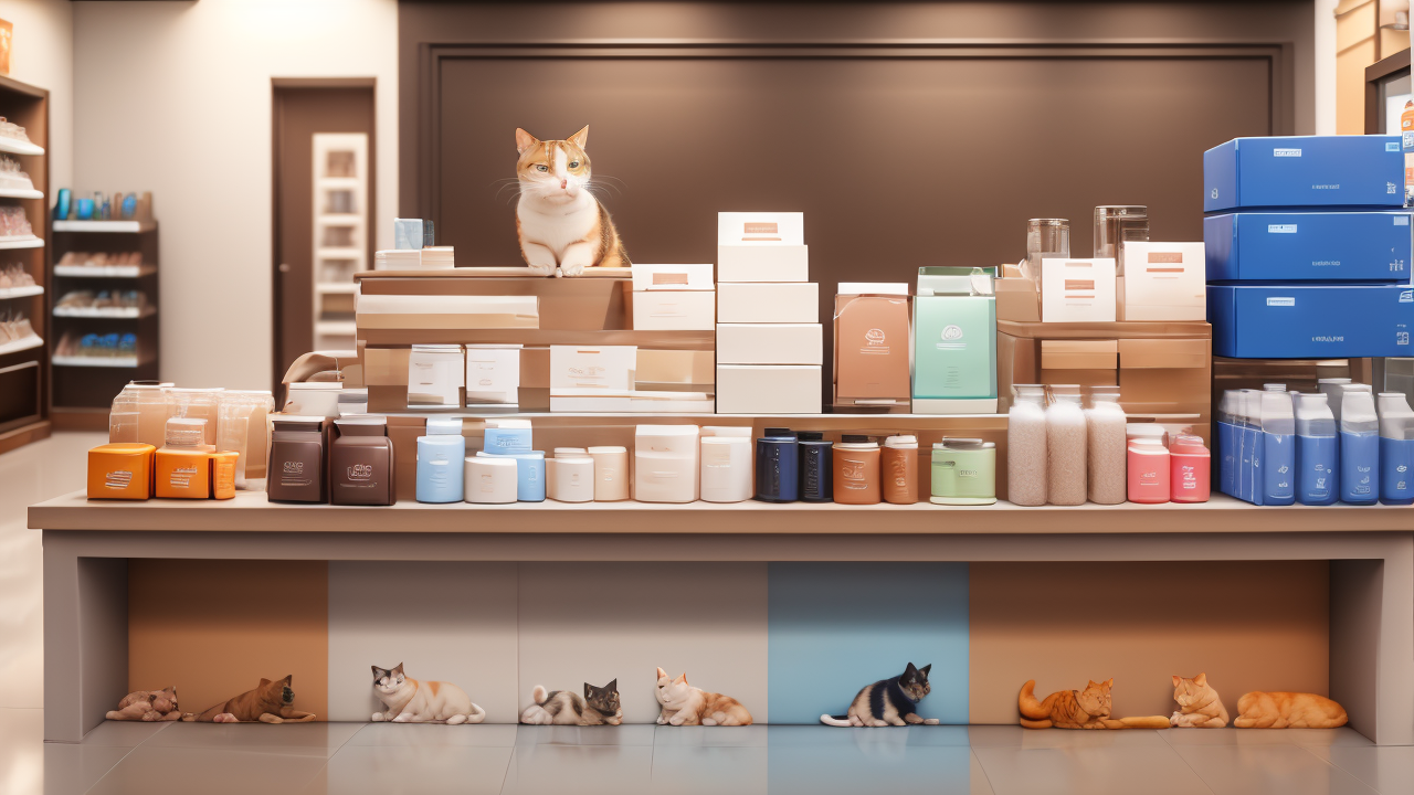 pet station, Cat peeking beside refrigerator in upscale pet shop-inspired kitchen setting