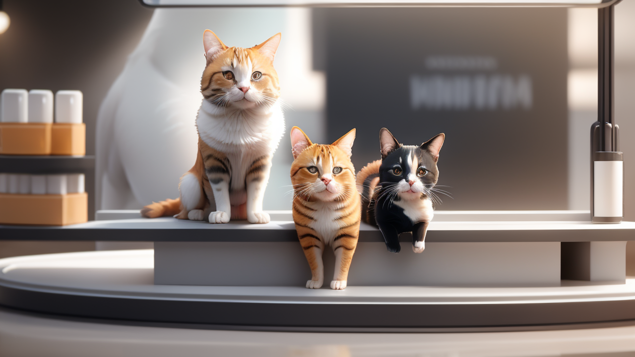 Three cats on a sleek platform with city backdrop at Pet Center, focus Pet Hubs.