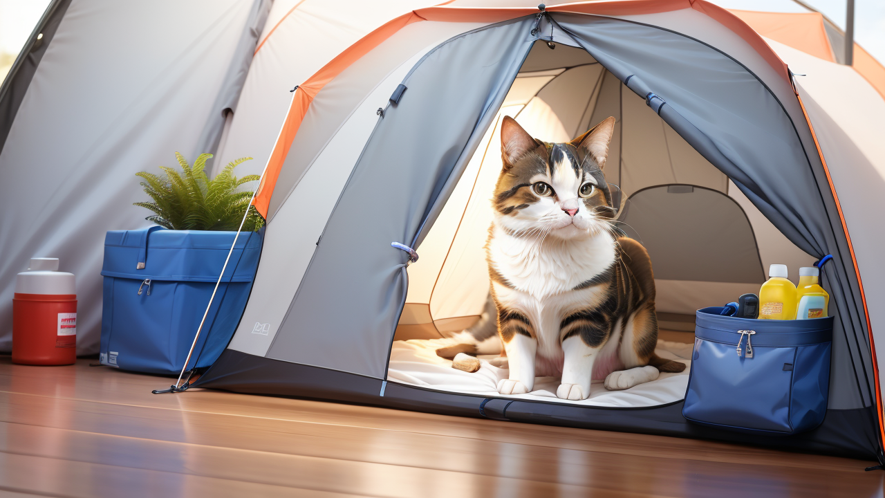 Pet tents at Pet Shop Centro with a cat enjoying a serene mountain campsite.