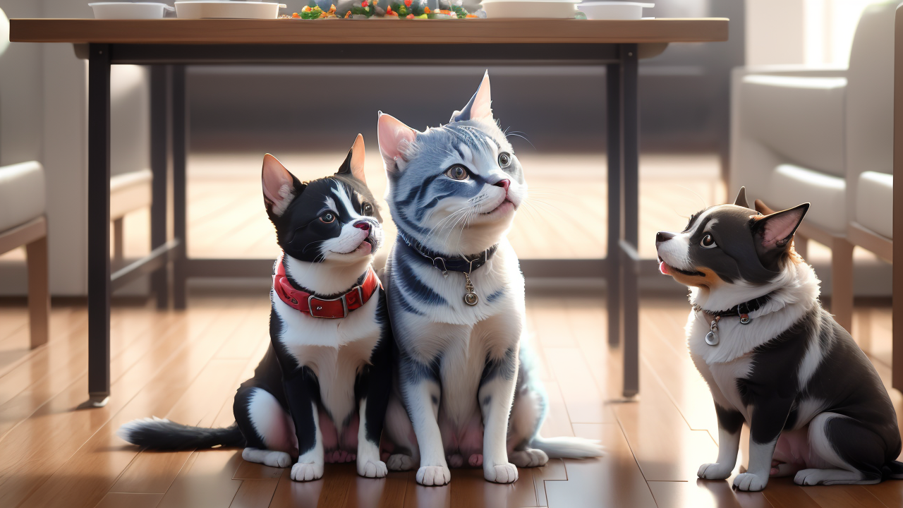 Luxury pet boutiques scene with cats and dog at pet center on wooden floor