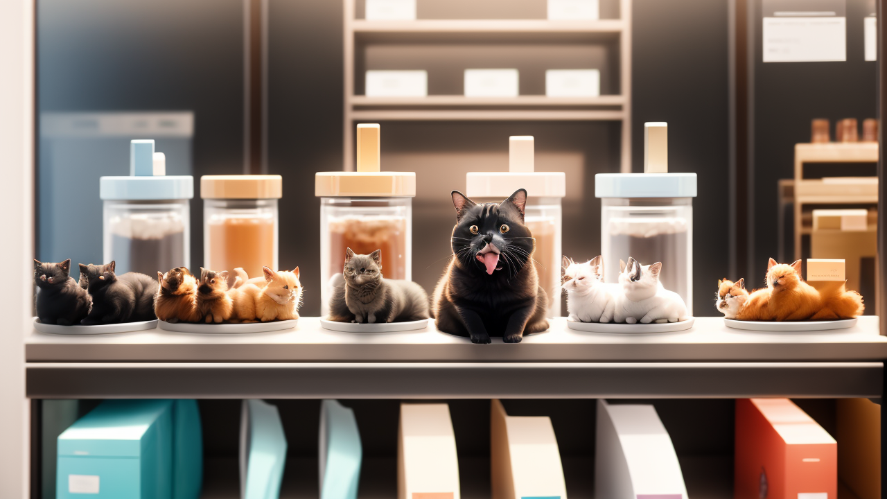 Pet boutique: black cat with jars of colorful cats, Pet Shop Comparison theme