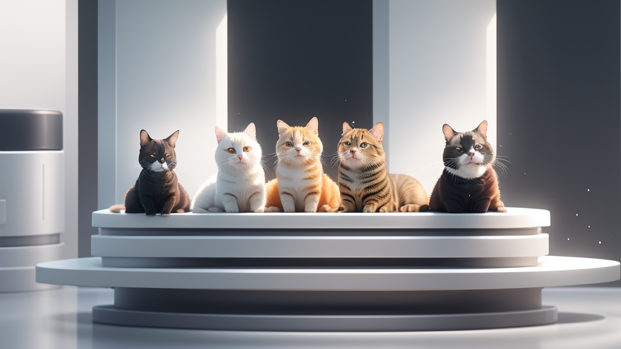 Five cats with diverse fur patterns on a sleek platform in a modern pet center