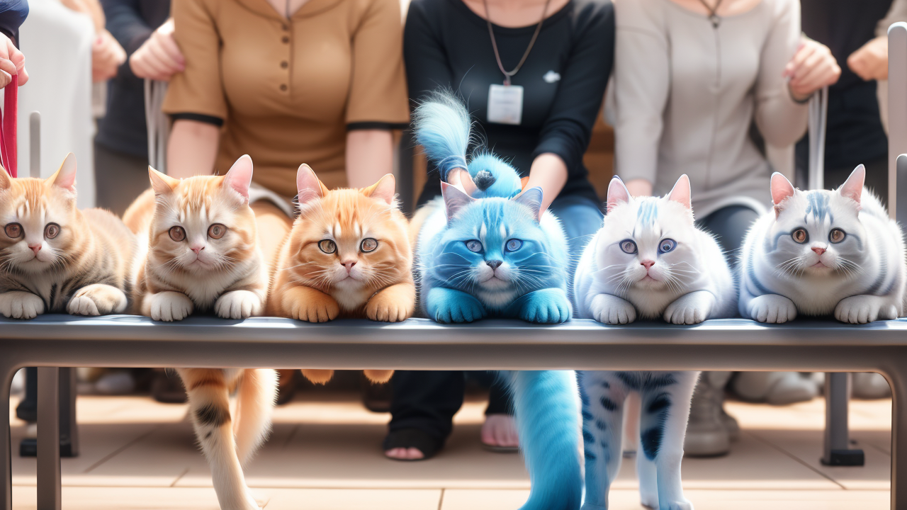 Six colorful cats on gray bench at Pet Station, focus on vibrant patterns.