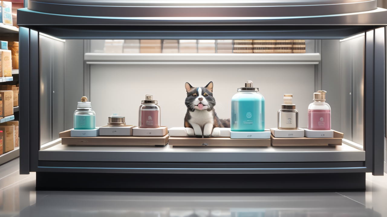 Black and white cat on Pet Station shelf with colorful bottles, focus on Pet Care