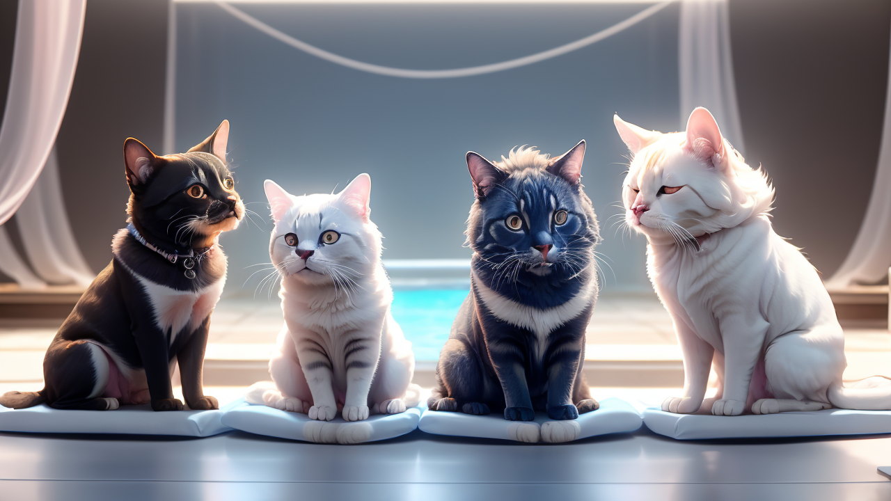 Pet hub scene with cats on scale, showcasing playful pet care and domestic life.